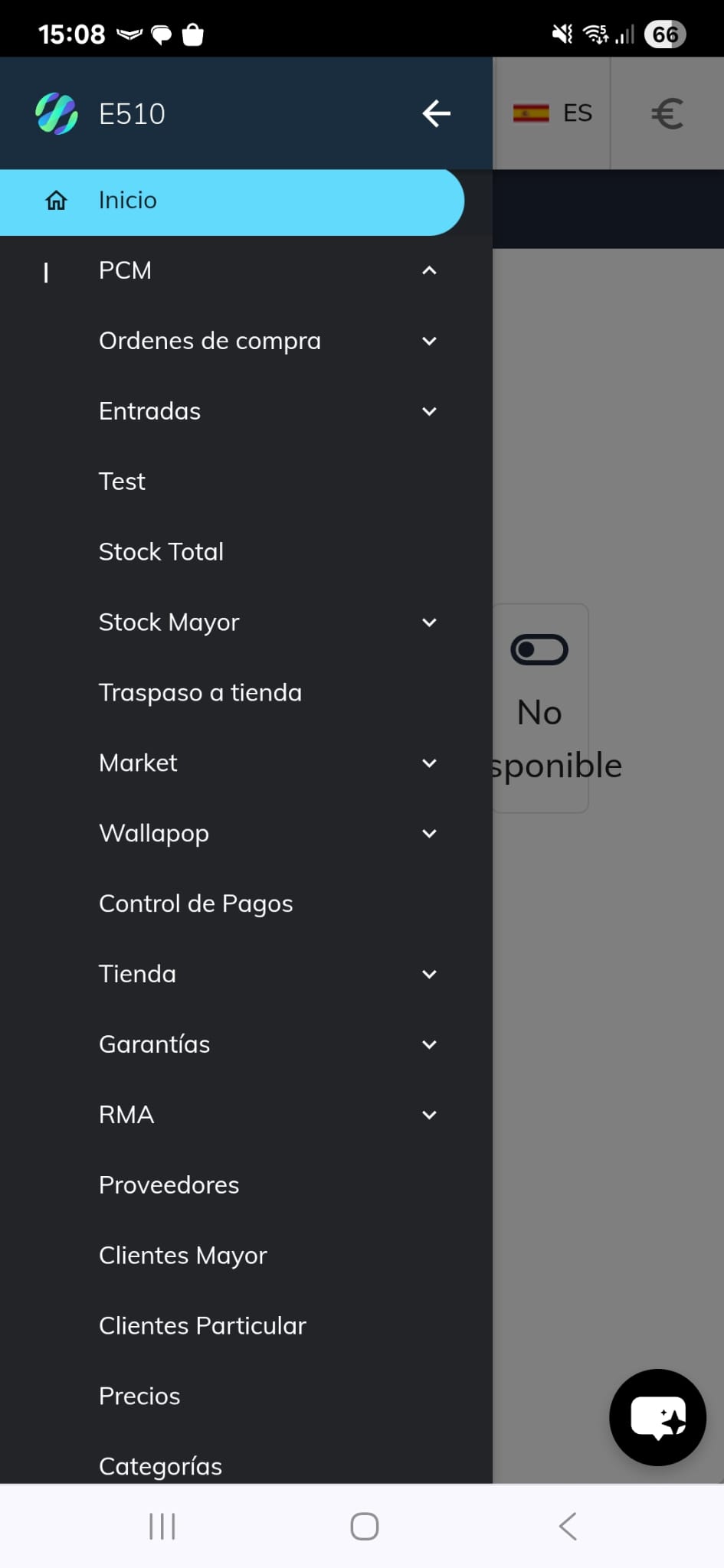 ERP original en móvil mostrando Inicio, PCM, órdenes de compra, entradas, stock, market, Wallapop, control de pagos, tienda y garantías.